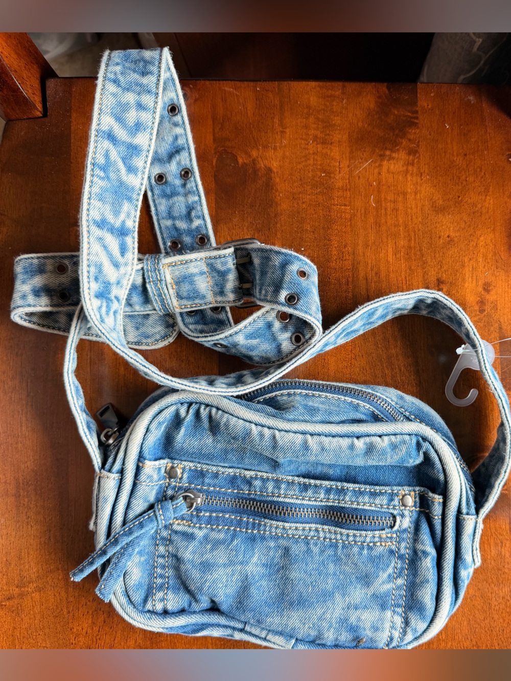 Denim Crossbody Bag with Adjustable Strap - Light Blue